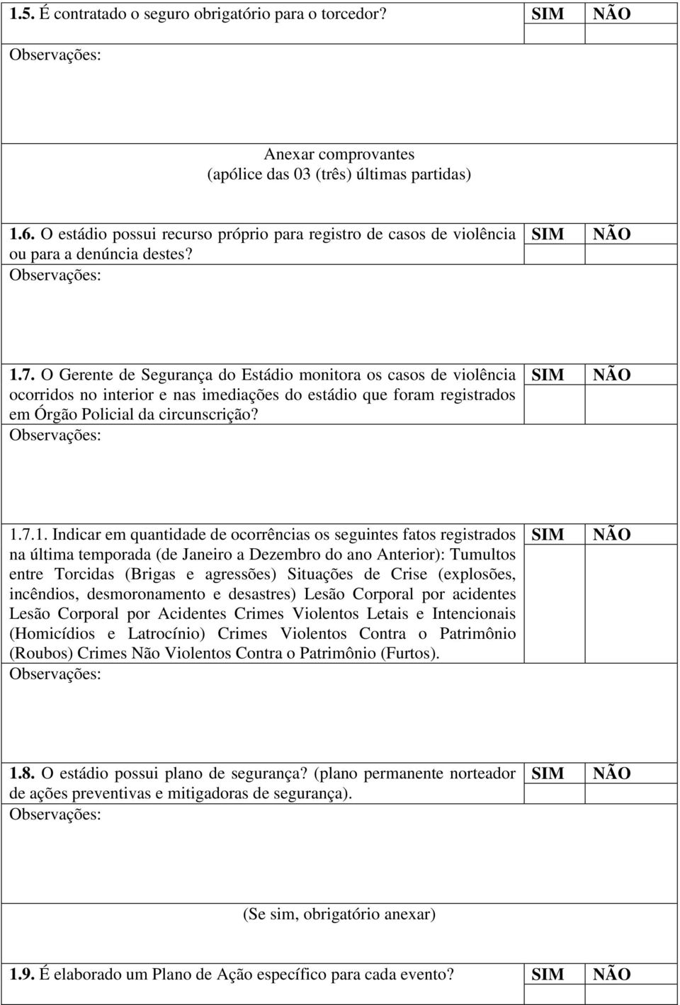 O Gerente de Segurança do Estádio monitora os casos de violência ocorridos no interior e nas imediações do estádio que foram registrados em Órgão Policial da circunscrição? 1.