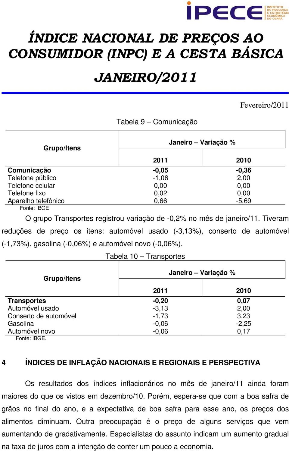Tabela 10 Transportes Transportes -0,20 0,07 Automóvel usado -3,13 2,00 Conserto de automóvel -1,73 3,23 Gasolina -0,06-2,25 Automóvel novo -0,06 0,17.