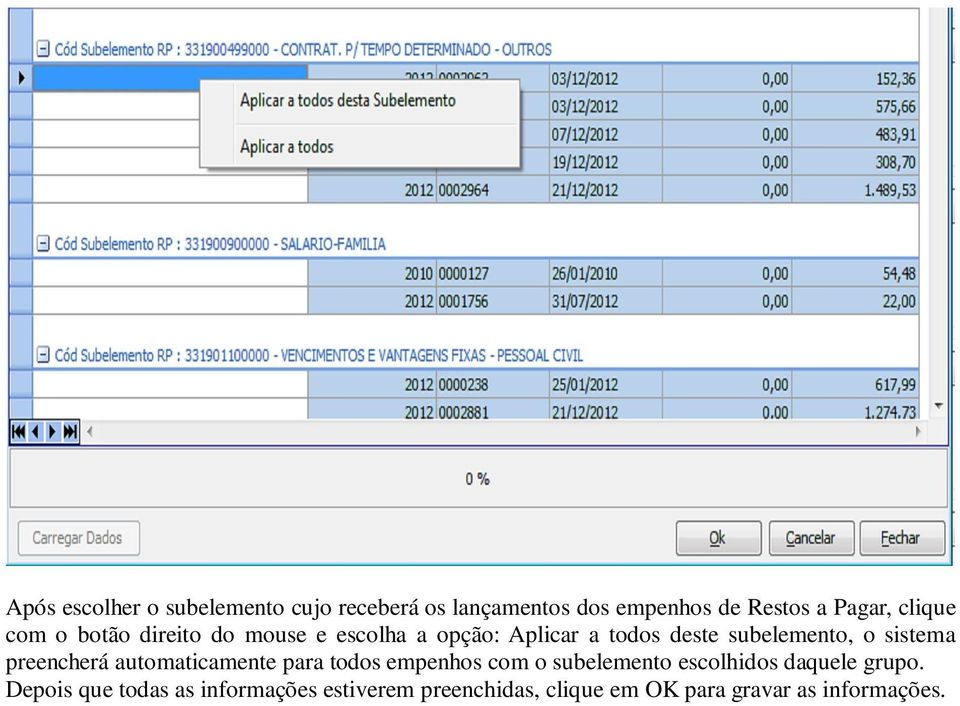 sistema preencherá automaticamente para todos empenhos com o subelemento escolhidos daquele