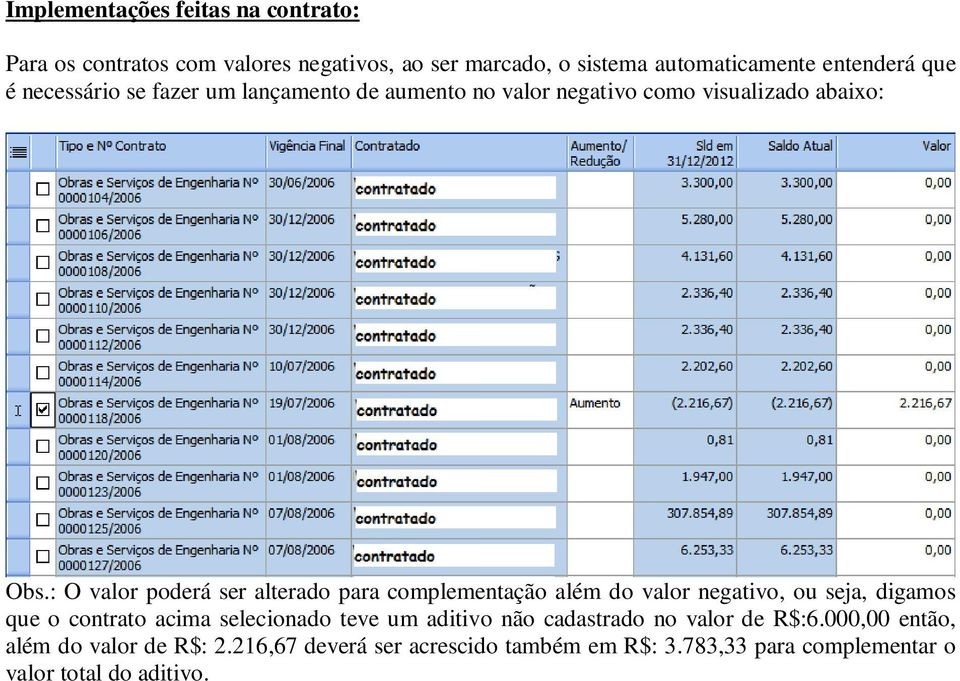 : O valor poderá ser alterado para complementação além do valor negativo, ou seja, digamos que o contrato acima selecionado teve um