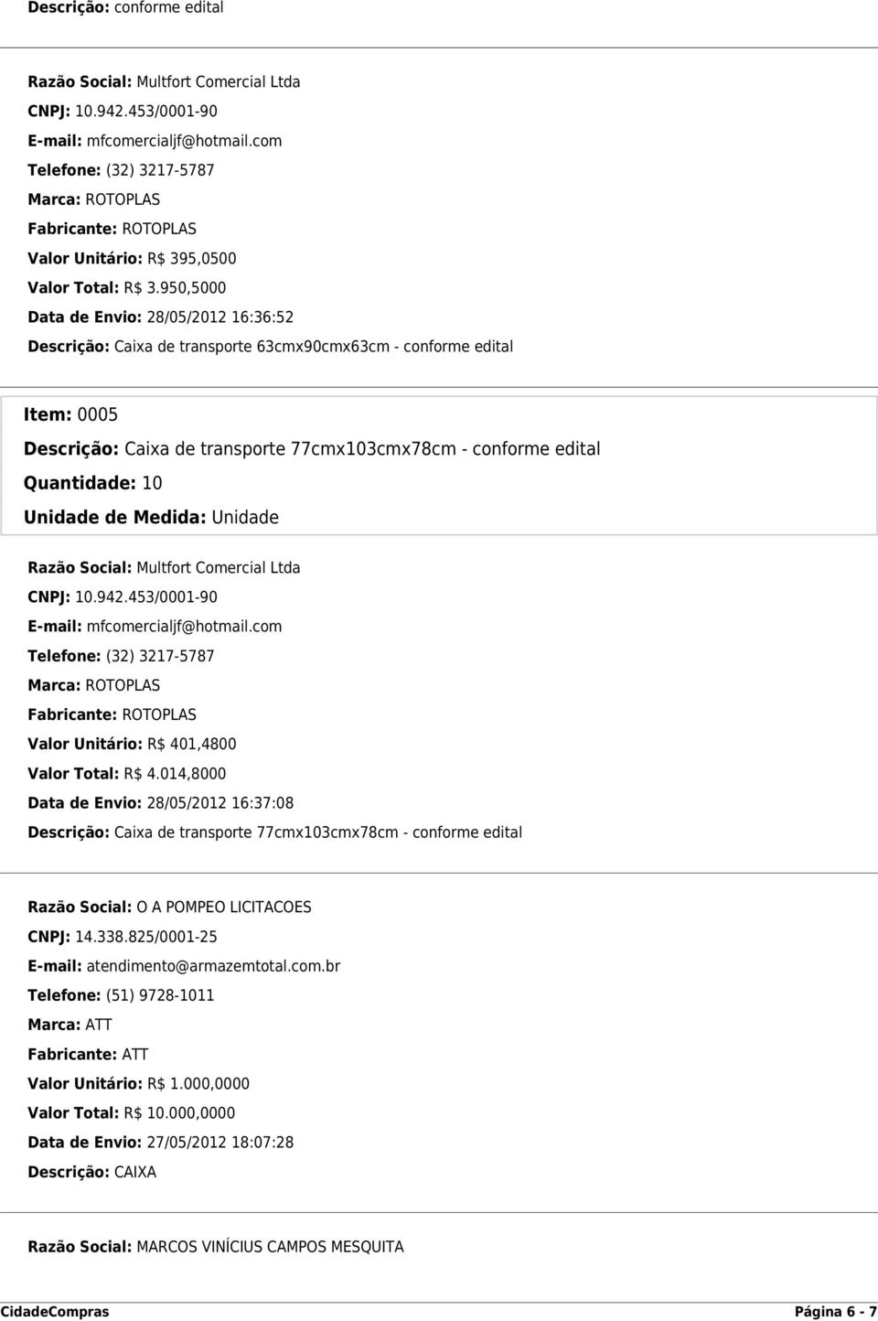 0005 Descrição: Caixa de transporte 77cmx103cmx78cm - conforme edital Valor Unitário: R$ 401,4800 Valor Total: R$ 4.