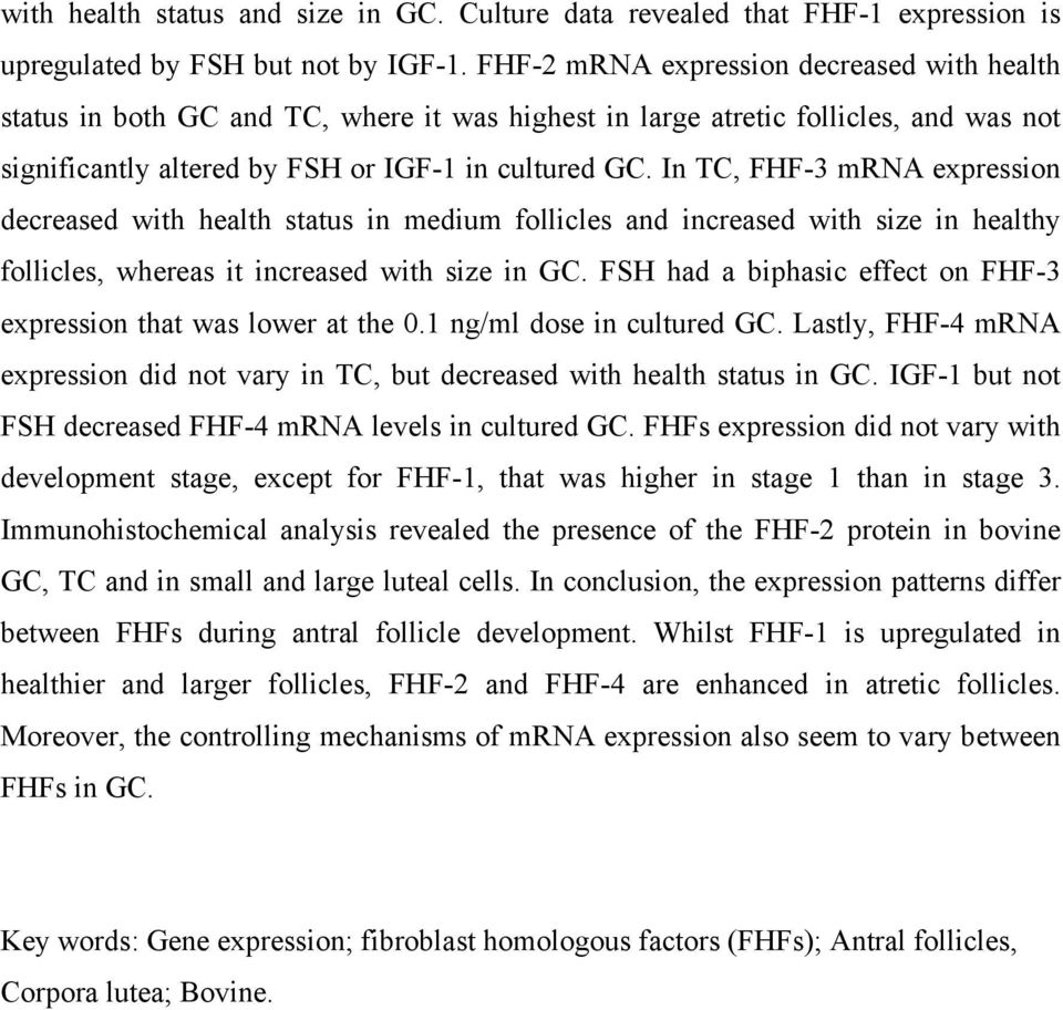 In TC, FHF-3 mrna expression decreased with health status in medium follicles and increased with size in healthy follicles, whereas it increased with size in GC.