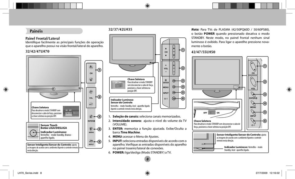 Para ligar o aparelho pressione novamente o botão. 42/47/55LH50 CH VOL 2 CH Chave Seletora Para desativar o modo STANDBY sem desconectar o cabo de força, posicione a chave seletora na posição OFF.