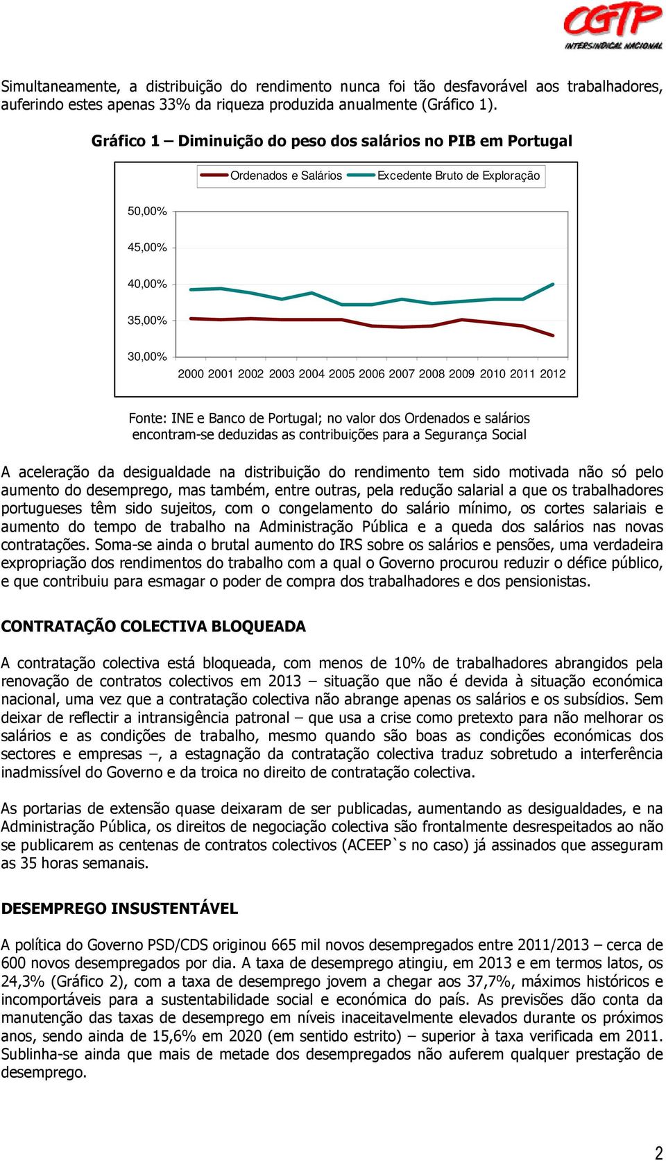 2010 2011 2012 Fonte: INE e Banco de Portugal; no valor dos Ordenados e salários encontram-se deduzidas as contribuições para a Segurança Social A aceleração da desigualdade na distribuição do