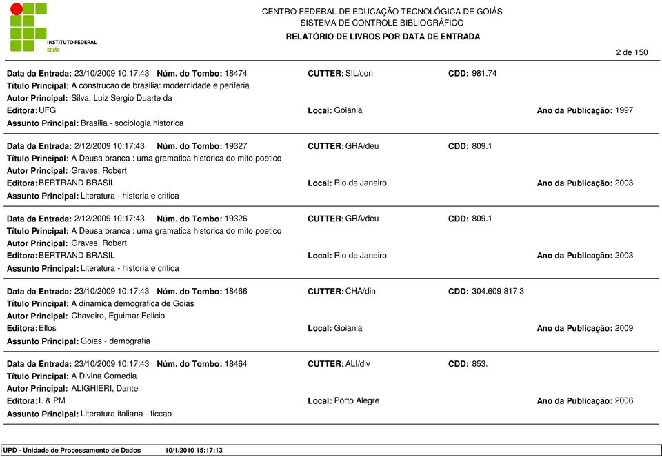 CUTTER: SIL/con CDD: 981.74 Local: Goiania Ano da Publicação: 1997 Data da Entrada: 2/12/2009 10:17:43 Núm.