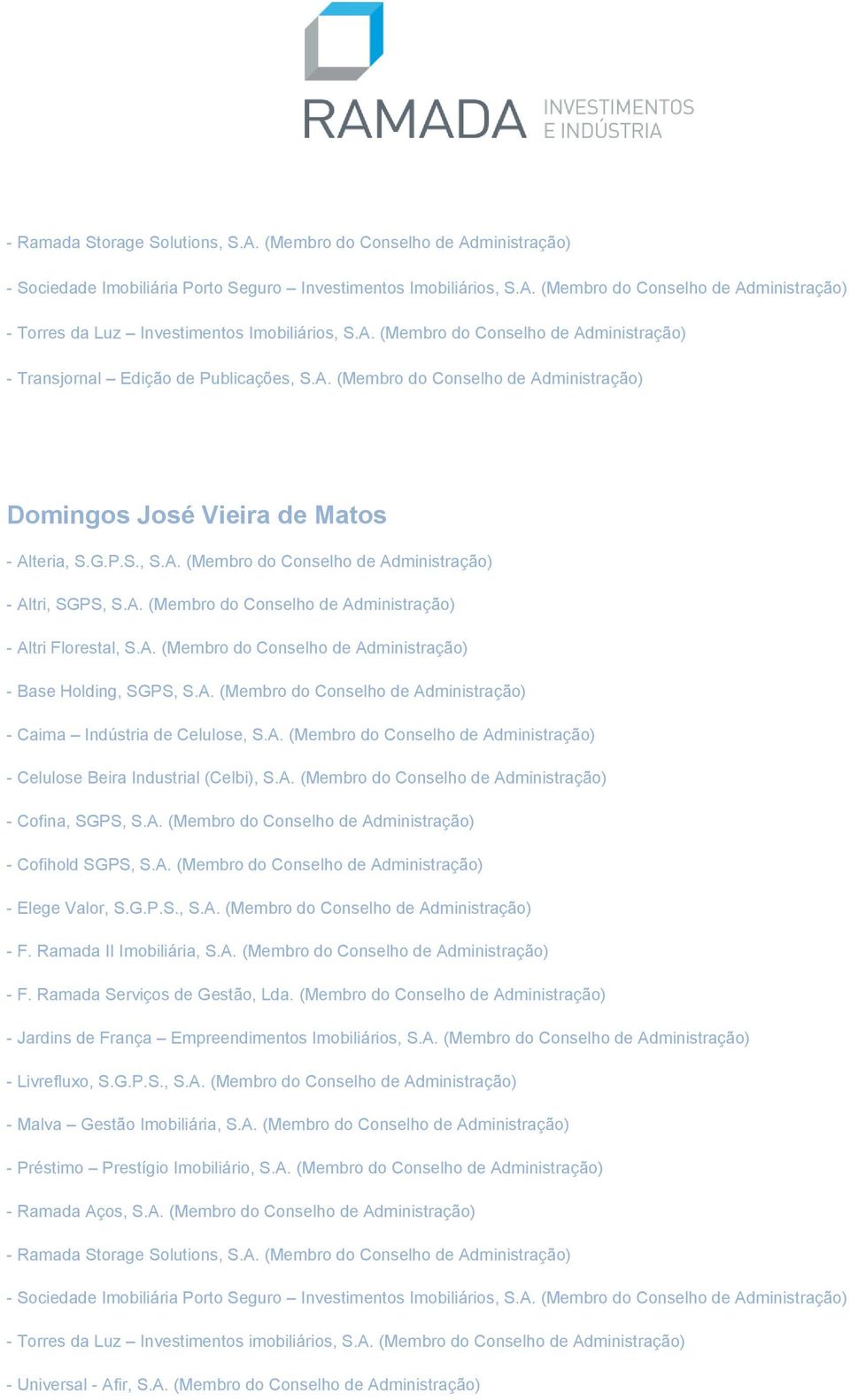 A. (Membro do Conselho de Administração) - Altri Florestal, S.A. (Membro do Conselho de Administração) - Base Holding, SGPS, S.A. (Membro do Conselho de Administração) - Caima Indústria de Celulose, S.