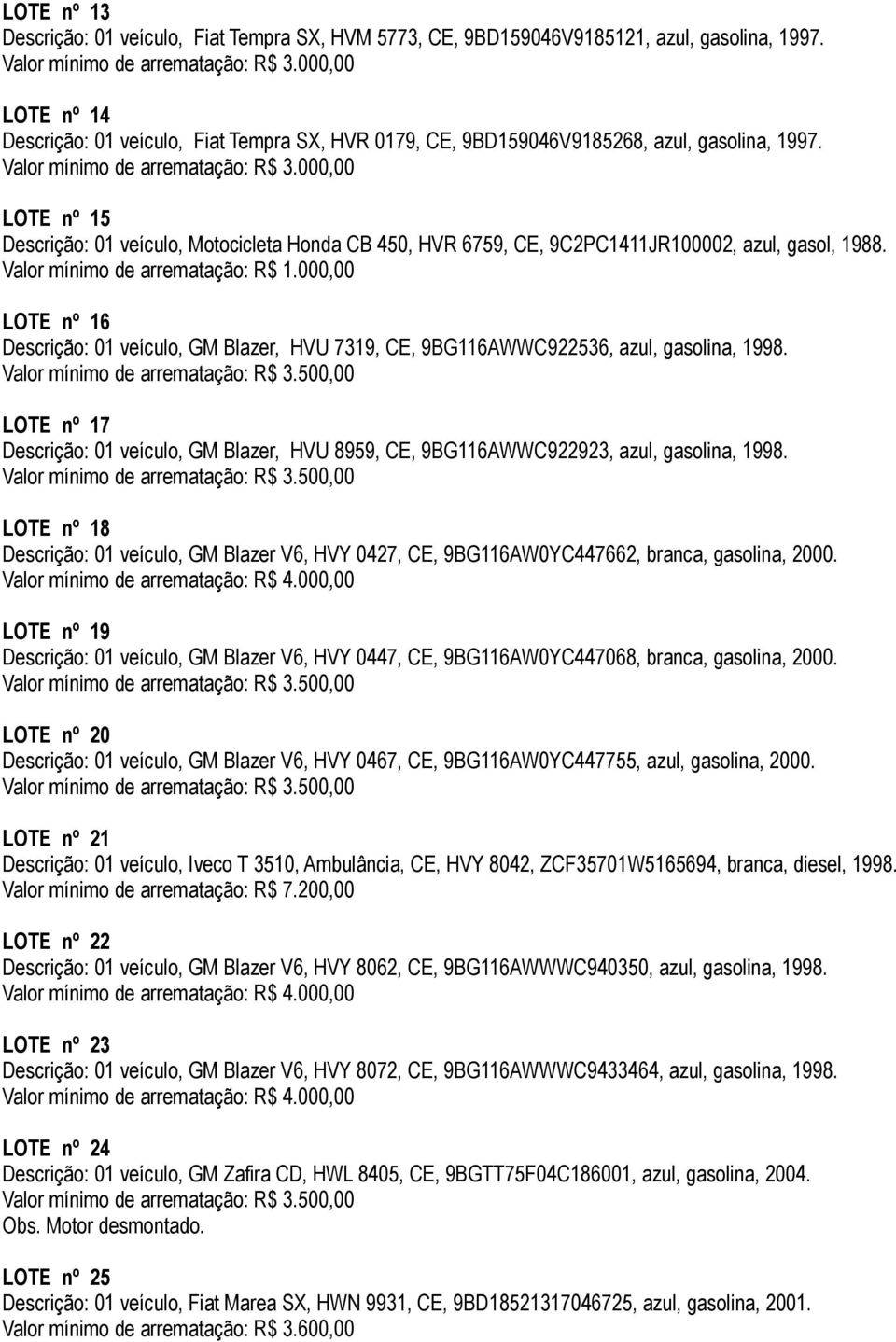 LOTE nº 15 Descrição: 01 veículo, Motocicleta Honda CB 450, HVR 6759, CE, 9C2PC1411JR100002, azul, gasol, 1988. Valor mínimo de arrematação: R$ 1.