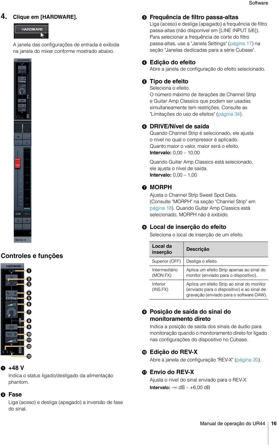 Para selecionar a frequência de corte do filtro passa-altas, use a "Janela Settings" (página 17) na seção "Janelas dedicadas para a série Cubase".