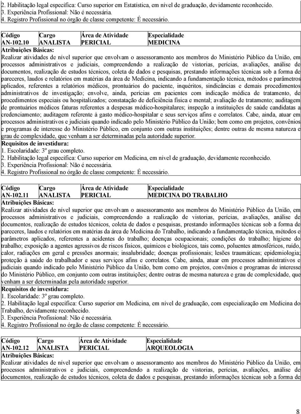 dados e pesquisas, prestando informações técnicas sob a forma de pareceres, laudos e relatórios em matérias da área de Medicina, indicando a fundamentação técnica, métodos e parâmetros aplicados,