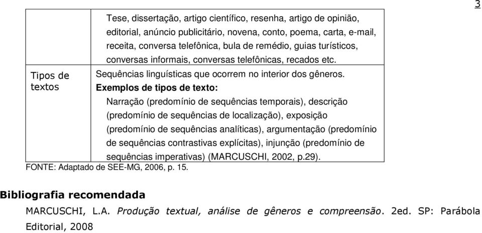 Exemplos de tipos de texto: Narração (predomínio de sequências temporais), descrição (predomínio de sequências de localização), exposição (predomínio de sequências analíticas), argumentação