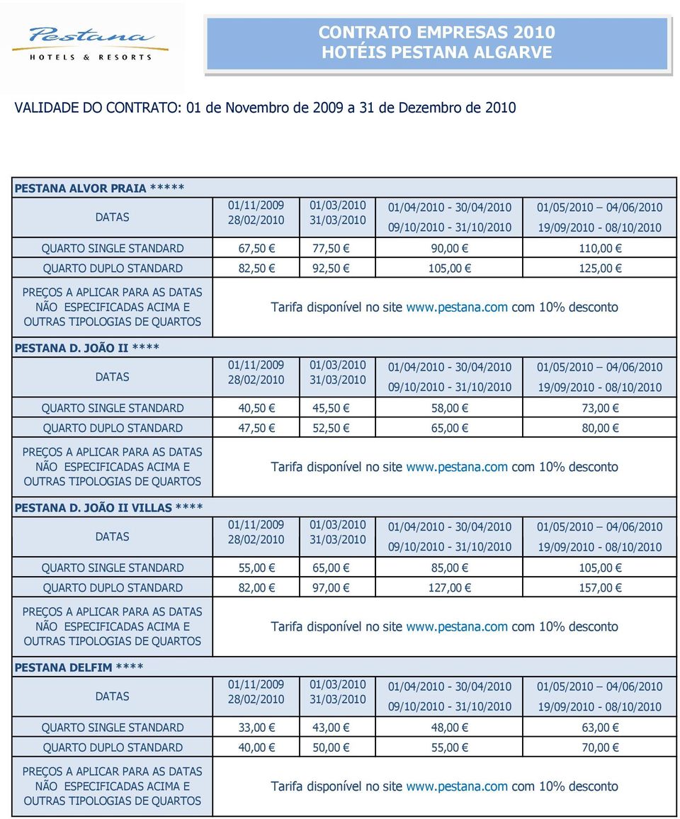 JOÃO II **** 40,50 45,50 47,50 52,50 58,00 73,00 65,00 80,00 PESTANA D.