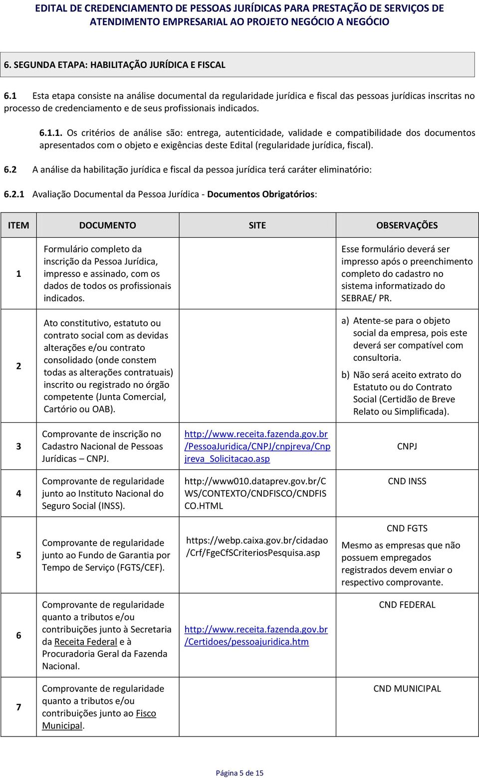 6.2 A análise da habilitação jurídica e fiscal da pessoa jurídica terá caráter eliminatório: 6.2.1 Avaliação Documental da Pessoa Jurídica - Documentos Obrigatórios: ITEM DOCUMENTO SITE OBSERVAÇÕES 1