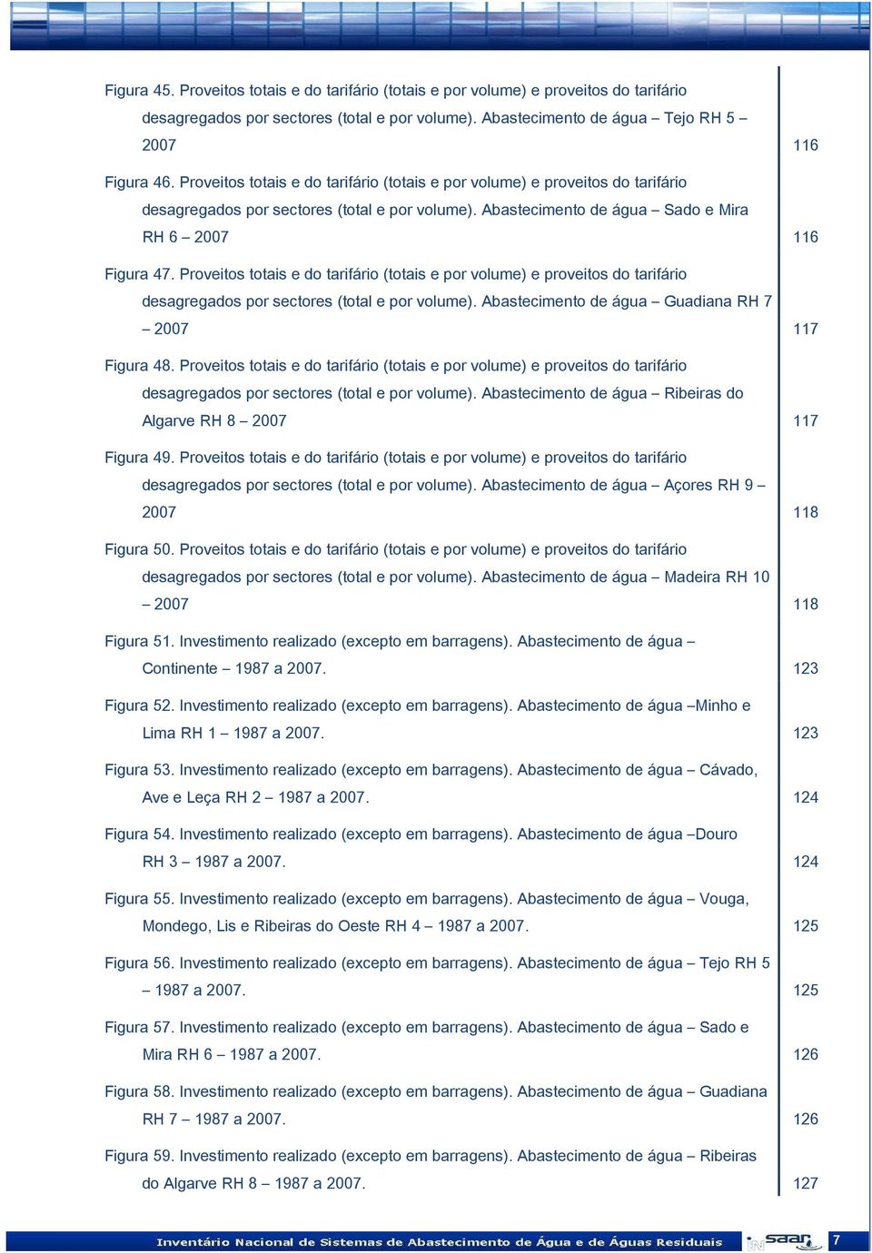 Proveitos totais e do tarifário (totais e por volume) e proveitos do tarifário desagregados por sectores (total e por volume). Abastecimento de água Guadiana RH 7 2007 117 Figura 48.