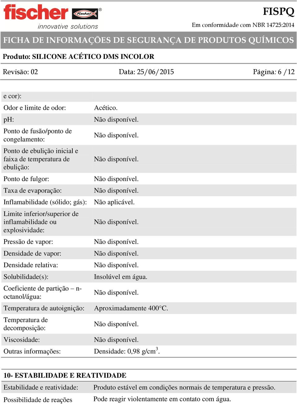 Limite inferior/superior de inflamabilidade ou explosividade: Pressão de vapor: Densidade de vapor: Densidade relativa: Solubilidade(s): Coeficiente de partição n- octanol/água: Temperatura de