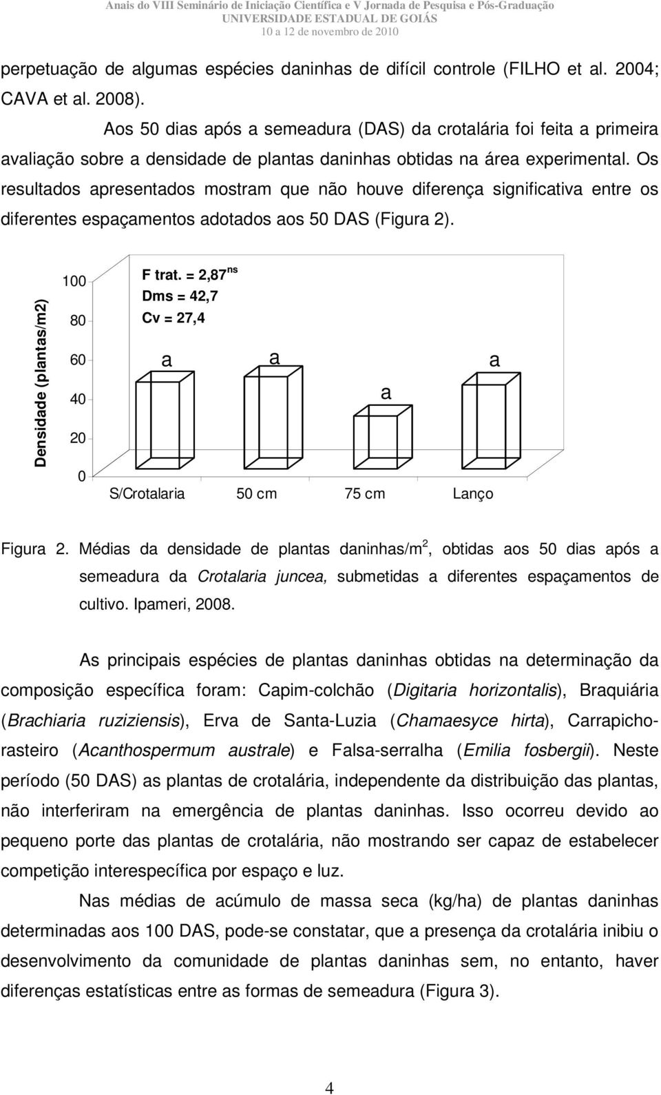 Os resultdos presentdos mostrm que não houve diferenç significtiv entre os diferentes espçmentos dotdos os 50 DAS (Figur 2). Densidde (plnts/m2) 100 80 60 40 20 0 F trt.