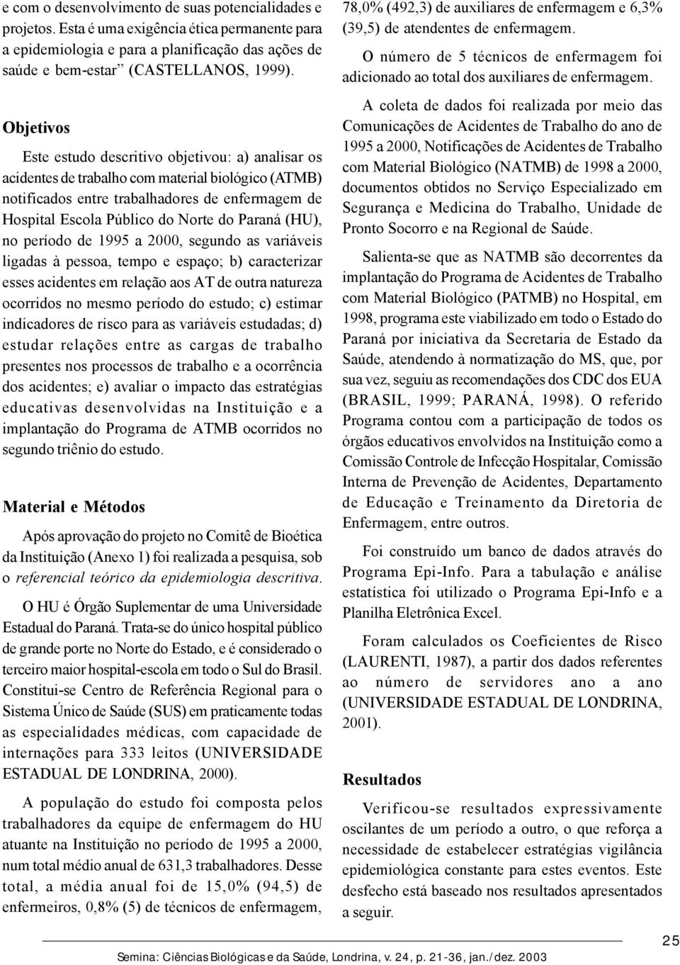 Paraná (HU), no período de 1995 a 2000, segundo as variáveis ligadas à pessoa, tempo e espaço; b) caracterizar esses acidentes em relação aos AT de outra natureza ocorridos no mesmo período do