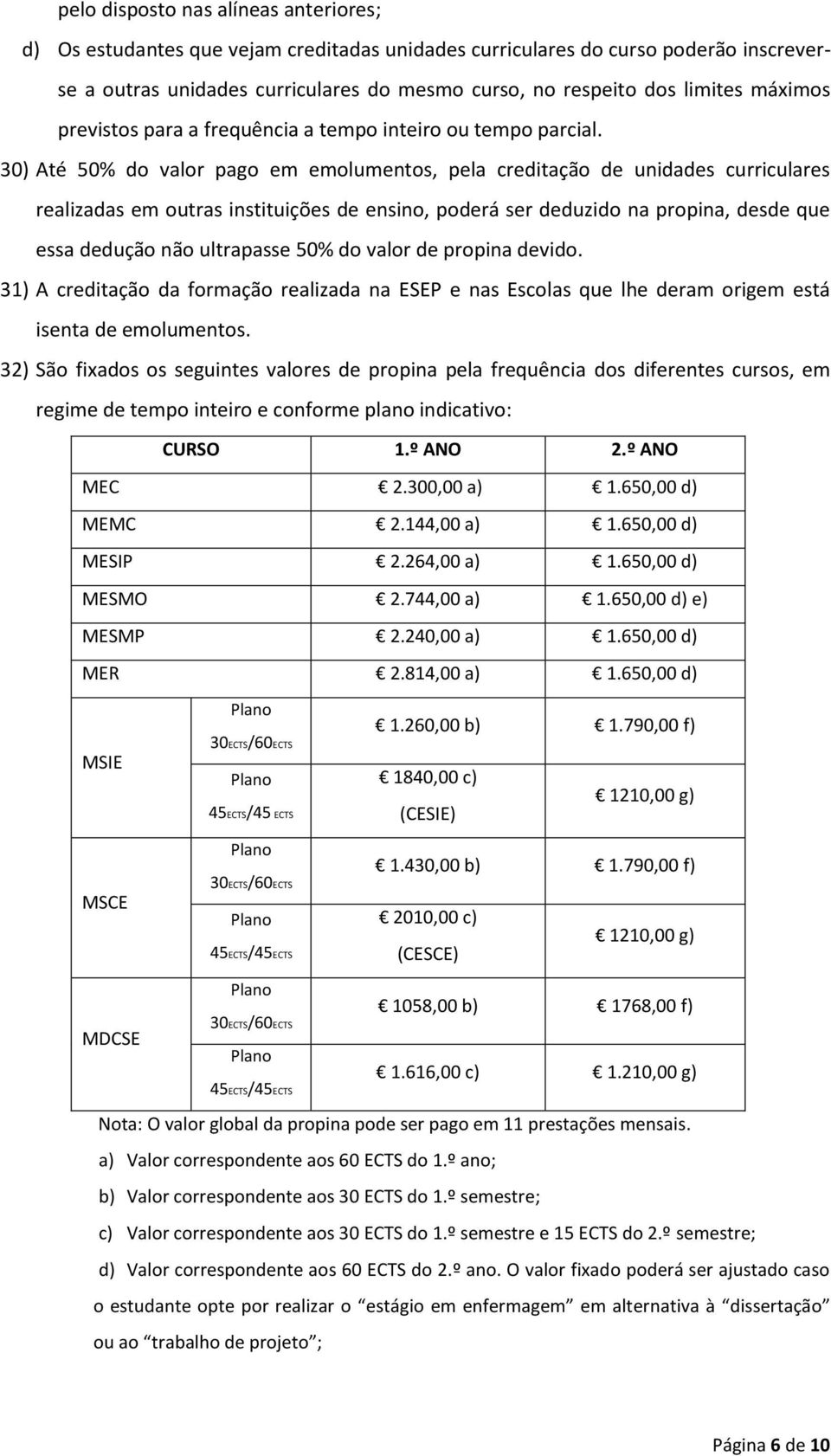 30) Até 50% do valor pago em emolumentos, pela creditação de unidades curriculares realizadas em outras instituições de ensino, poderá ser deduzido na propina, desde que essa dedução não ultrapasse