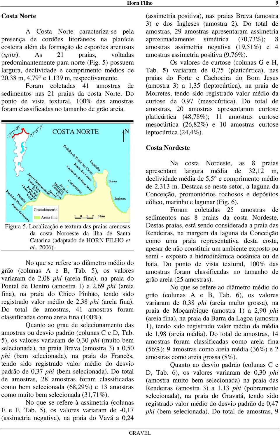 Foram coletadas 41 amostras de sedimentos nas 21 praias da costa Norte. Do ponto de vista textural, 100% das amostras foram classificadas no tamanho de grão areia.