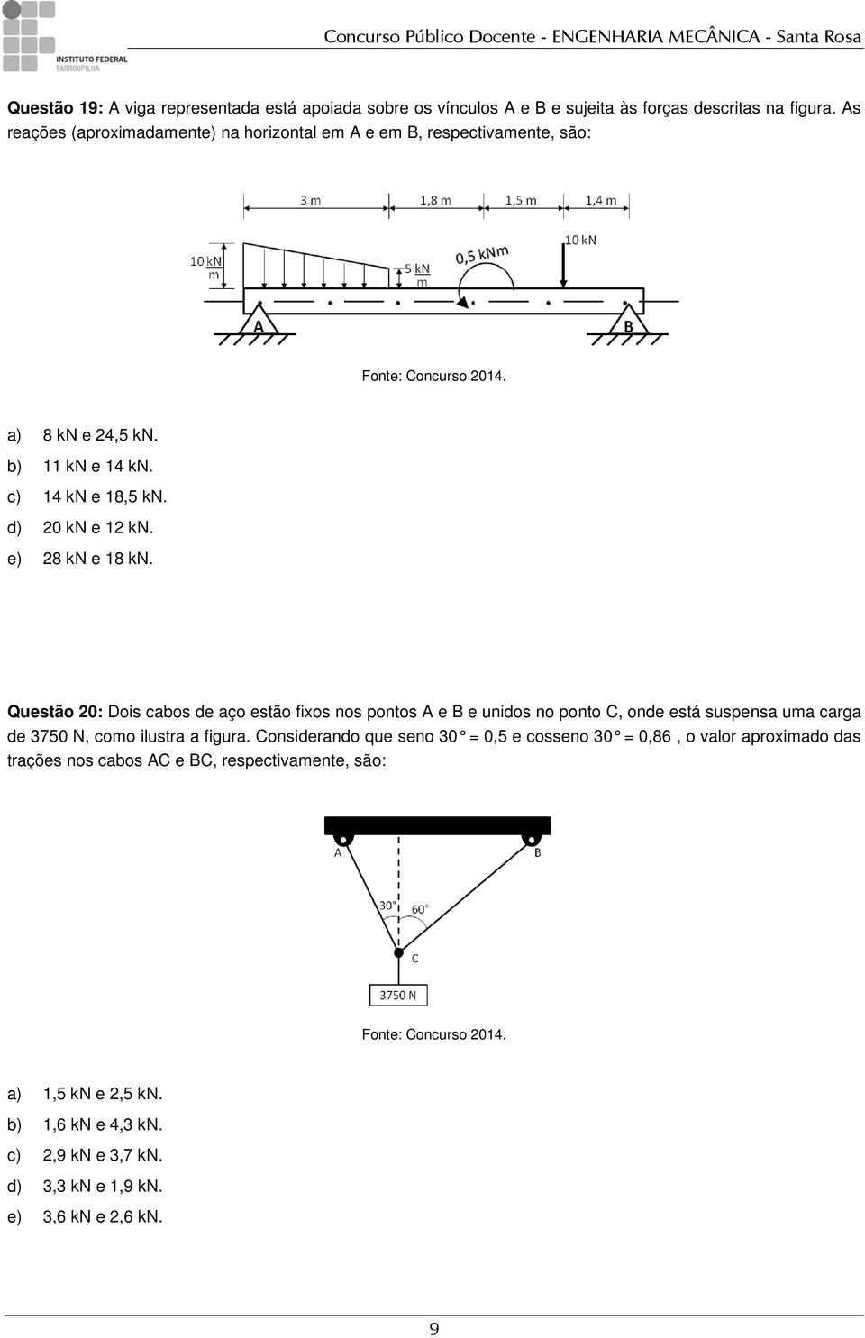 fixos nos pontos A e B e unidos no ponto C, onde está suspensa uma carga de 3750 N, como ilustra a figura Considerando que seno 30 = 0,5 e cosseno 30 = 0,86, o valor