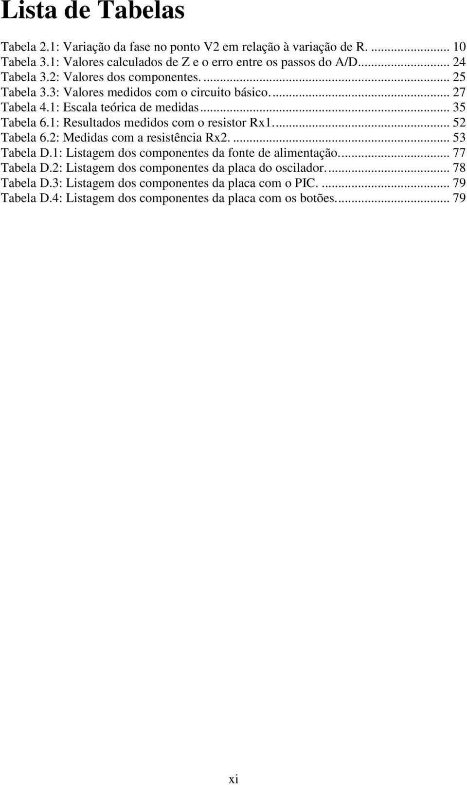 1: Resultados medidos com o resistor Rx1.... 52 Tabela 6.2: Medidas com a resistência Rx2.... 53 Tabela D.1: Listagem dos componentes da fonte de alimentação.... 77 Tabela D.