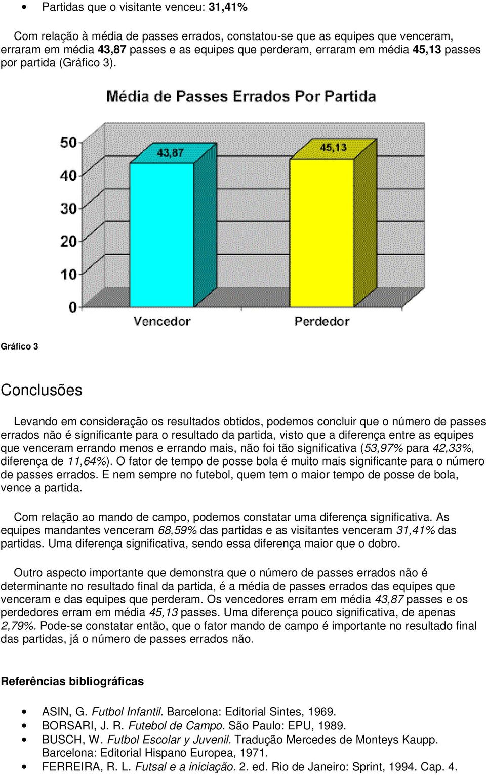 Gráfico 3 Conclusões Levando em consideração os resultados obtidos, podemos concluir que o número de passes errados não é significante para o resultado da partida, visto que a diferença entre as