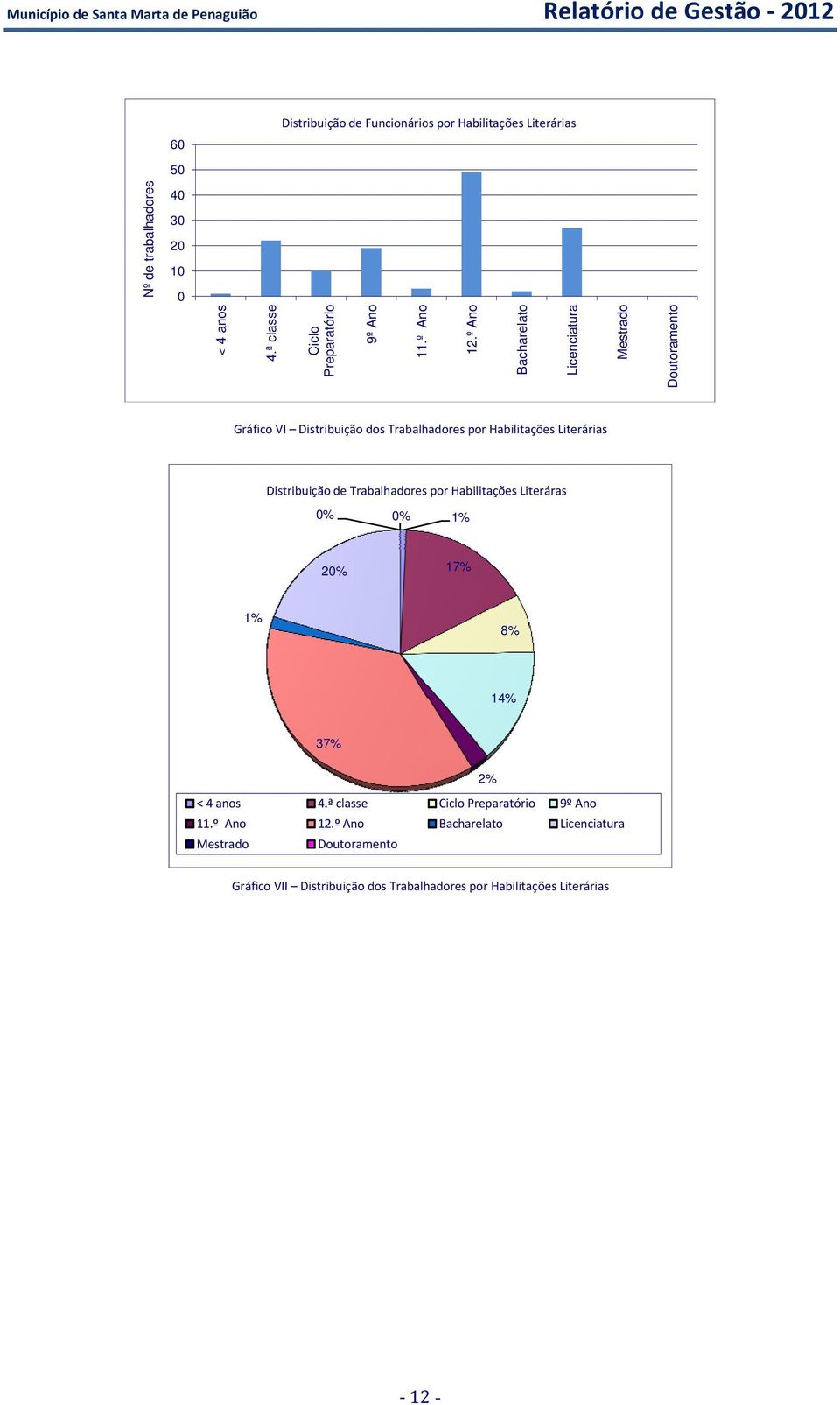 º Ano Bacharelato Licenciatura Mestrado Doutoramento Gráfico VI Distribuição dos Trabalhadores por Habilitações Literárias Distribuição de Trabalhadores