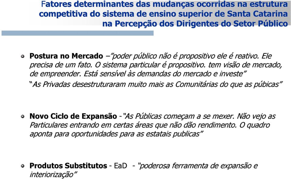 Está sensível às s demandas do mercado e investe As Privadas desestruturaram muito mais as Comunitárias do que as púbicasp bicas Novo Ciclo de Expansão - As Públicas P começam a se