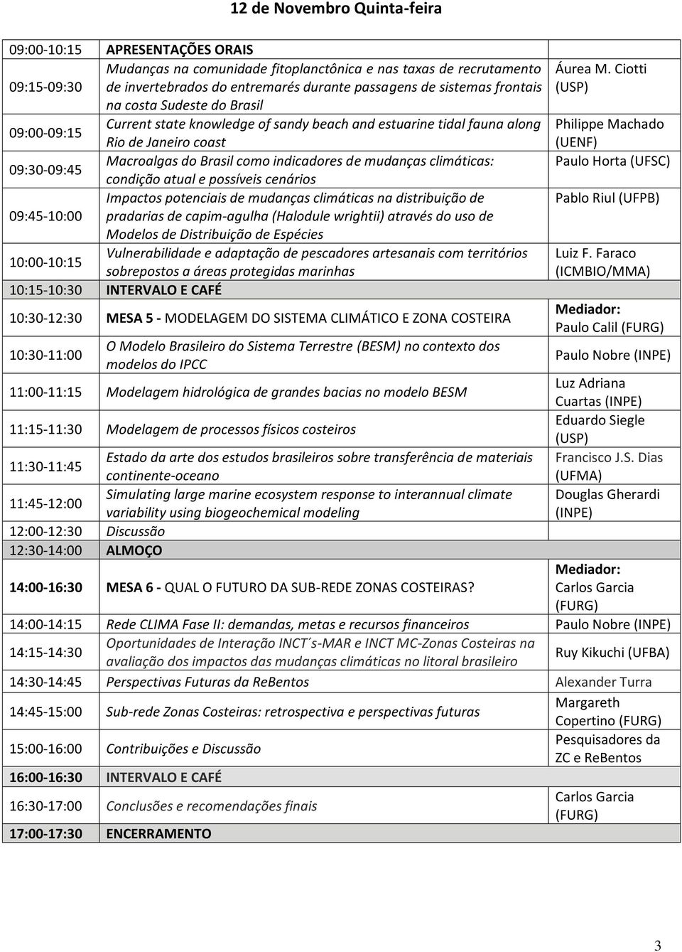 mudanças climáticas: condição atual e possíveis cenários Impactos potenciais de mudanças climáticas na distribuição de 09:45-10:00 pradarias de capim-agulha (Halodule wrightii) através do uso de