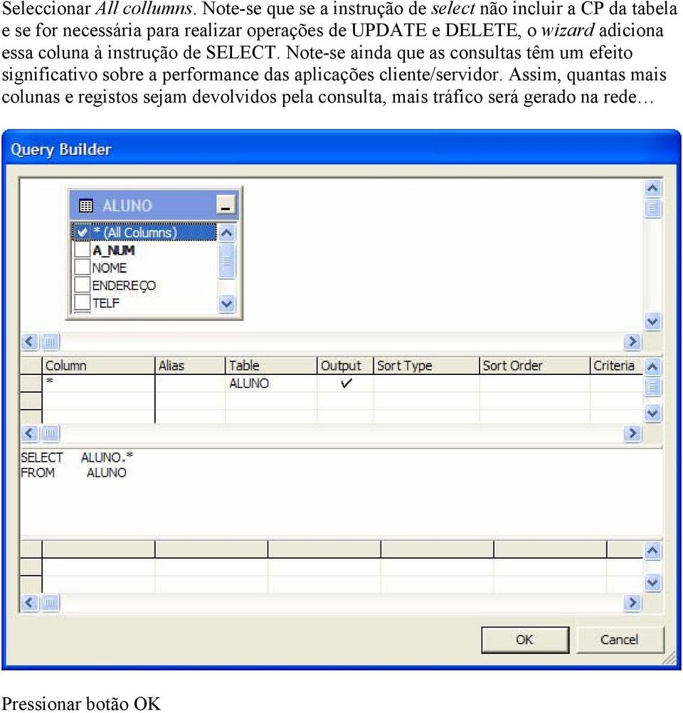 UPDATE e DELETE, o wizard adiciona essa coluna à instrução de SELECT.