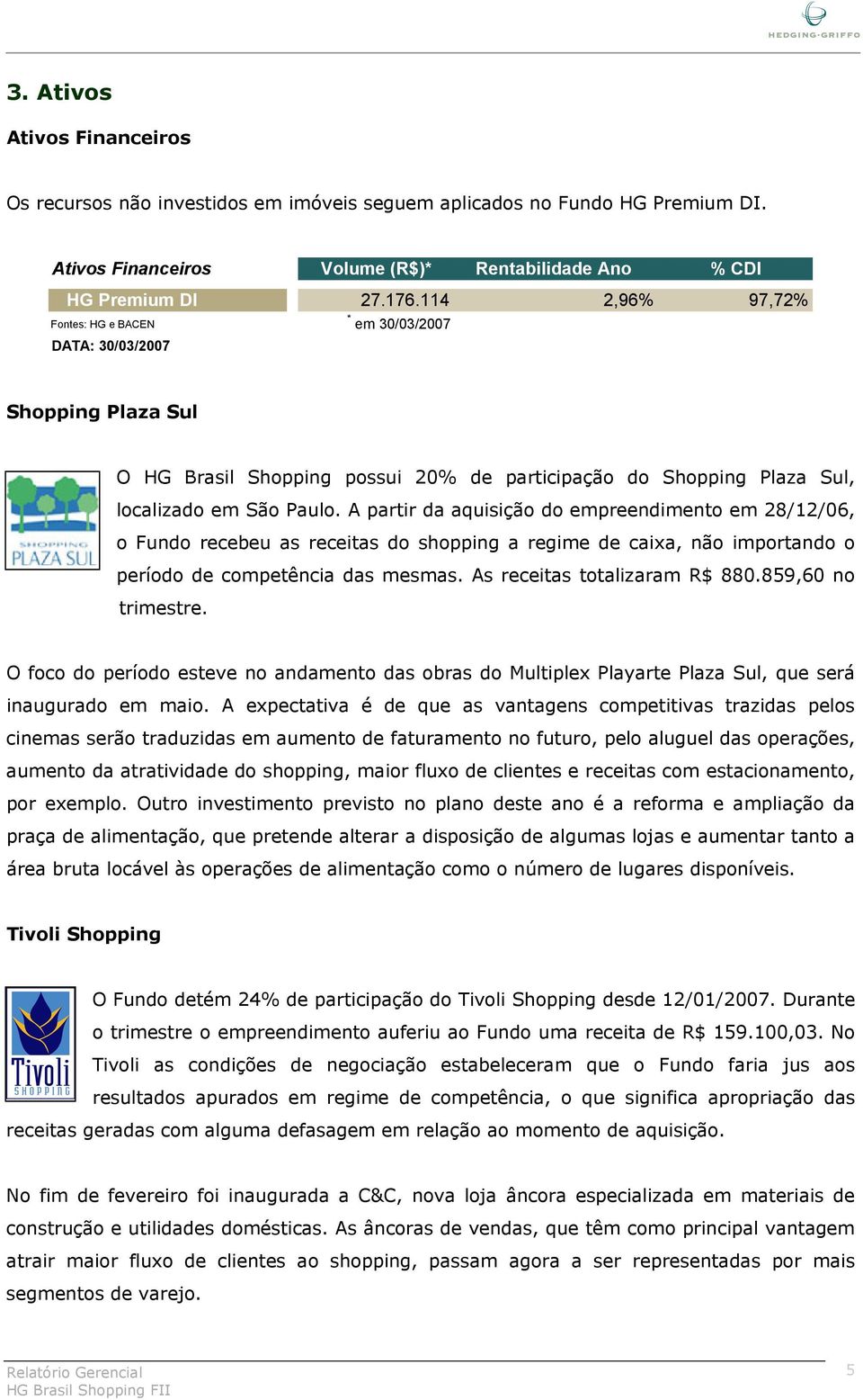 A partir da aquisição do empreendimento em 28/12/06, o Fundo recebeu as receitas do shopping a regime de caixa, não importando o período de competência das mesmas. As receitas totalizaram R$ 880.