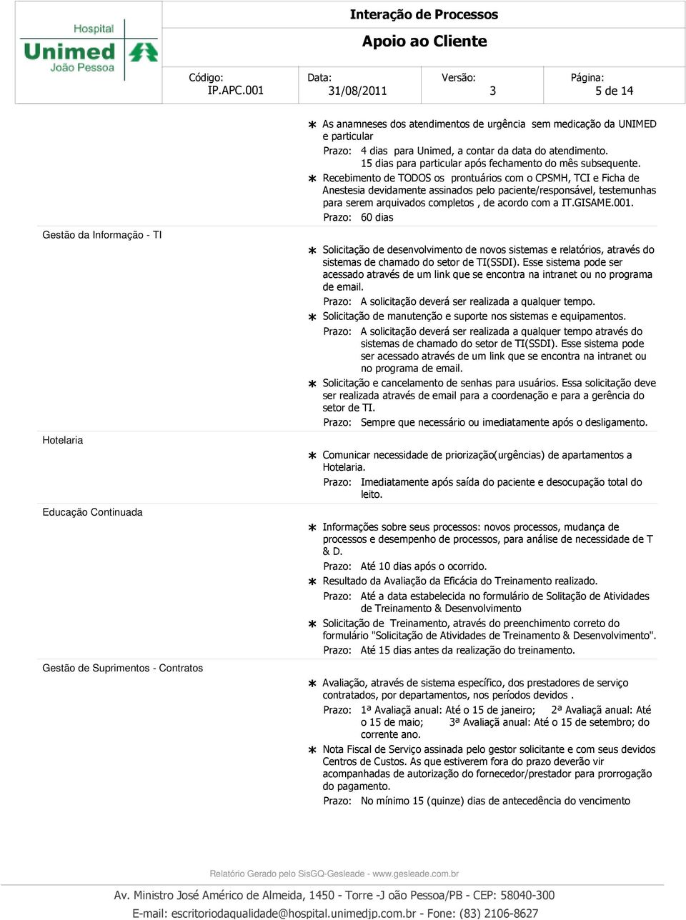 Recebimento de TODOS os prontuários com o CPSMH, TCI e Ficha de Anestesia devidamente assinados pelo paciente/responsável, testemunhas para serem arquivados completos, de acordo com a IT.GISAME.001.