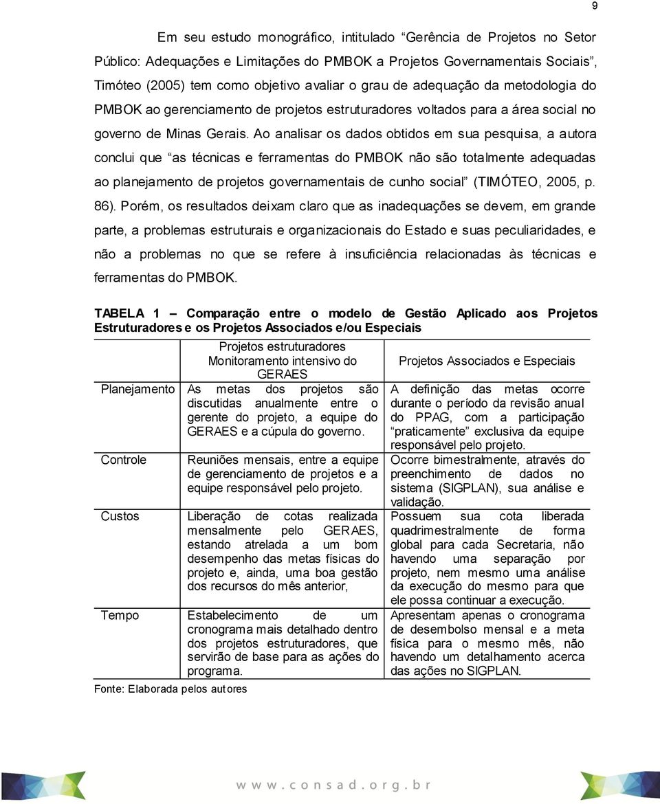 Ao analisar os dados obtidos em sua pesquisa, a autora conclui que as técnicas e ferramentas do PMBOK não são totalmente adequadas ao planejamento de projetos governamentais de cunho social (TIMÓTEO,