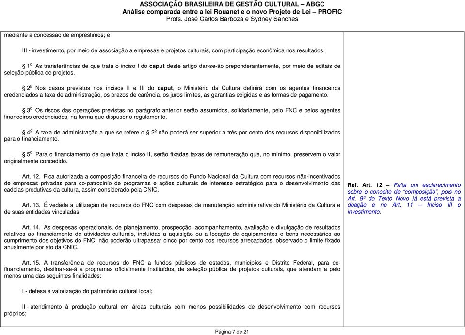 2 o Nos casos previstos nos incisos II e III do caput, o Ministério da Cultura definirá com os agentes financeiros credenciados a taxa de administração, os prazos de carência, os juros limites, as