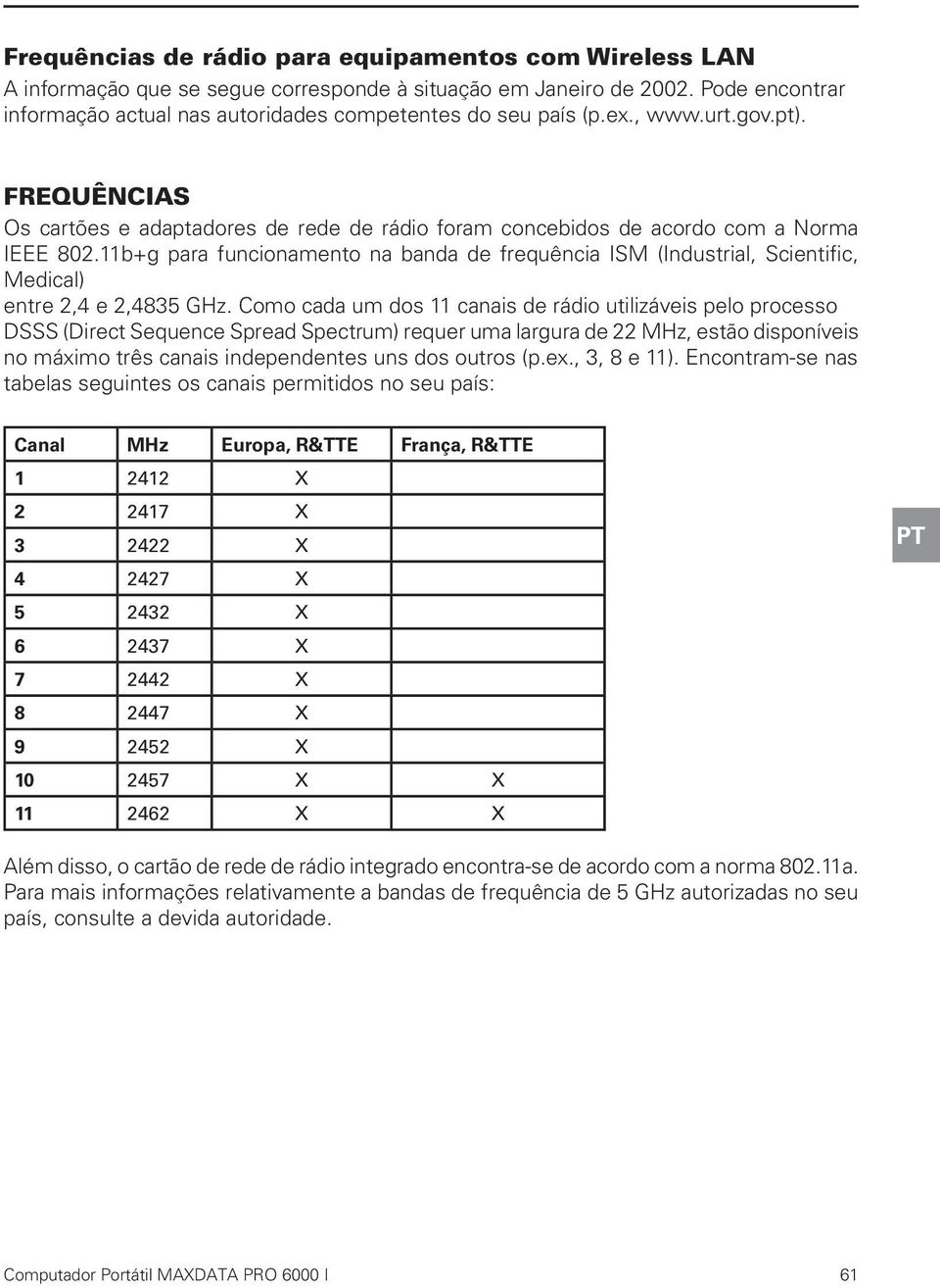 11b+g para funcionamento na banda de frequência ISM (Industrial, Scientific, Medical) entre 2,4 e 2,4835 GHz.