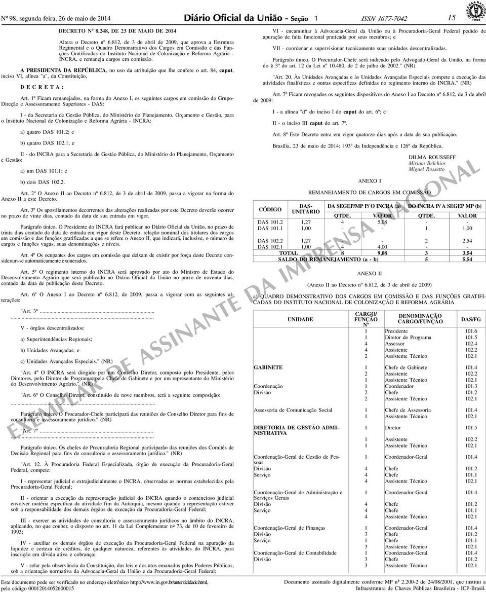 e remaneja cargos em comissão. A PRESIDENTA DA REPÚBLICA, no uso da atribuição que lhe confere o art. 84, caput, inciso VI, alínea "a", da Constituição, DECRETA: Art.