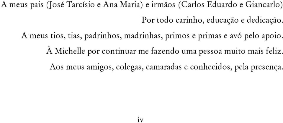 A meus tios, tias, padrinhos, madrinhas, primos e primas e avó pelo apoio.