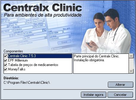 2.10 - Clique em "Execute" para iniciar o serviço 3 - Instalação do Centralx Clinic 3.1 - Execute o arquivo "clinic753full.exe". 3.2 - Marque os componentes que deseja instalar e clique em "Instalar agora".