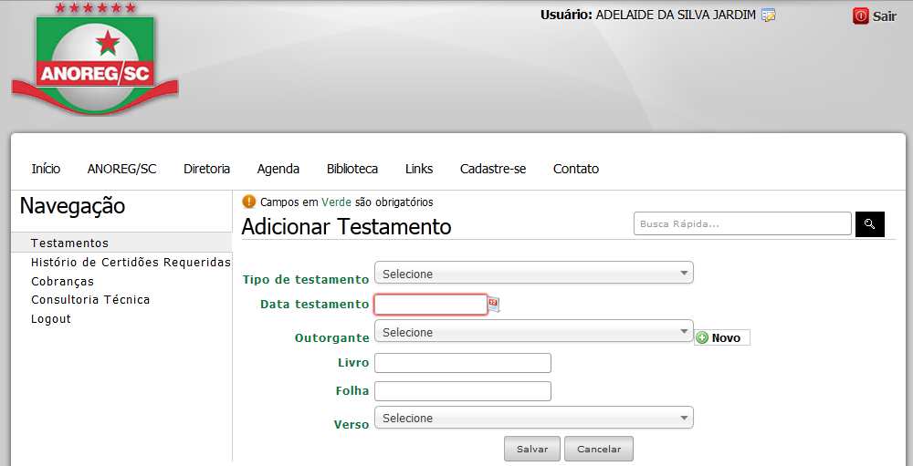 3. Após preencher o login e senha e clicar no botão Entrar, o usuário é direcionado a página de Testamentos. 4.
