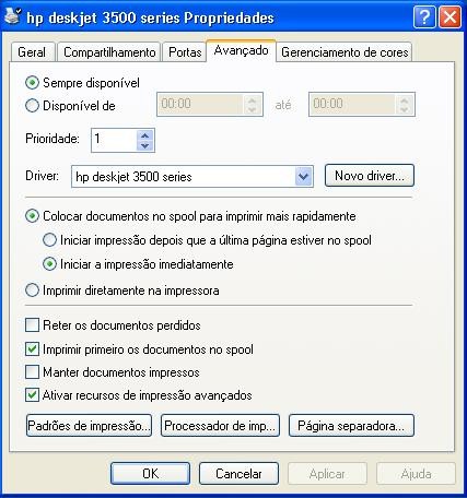 Em outra seção das propriedades, temos as partes de configuração avançada (figura 8), onde é possível definír horários nos quais a impressora estará disponível, entre outras opções.