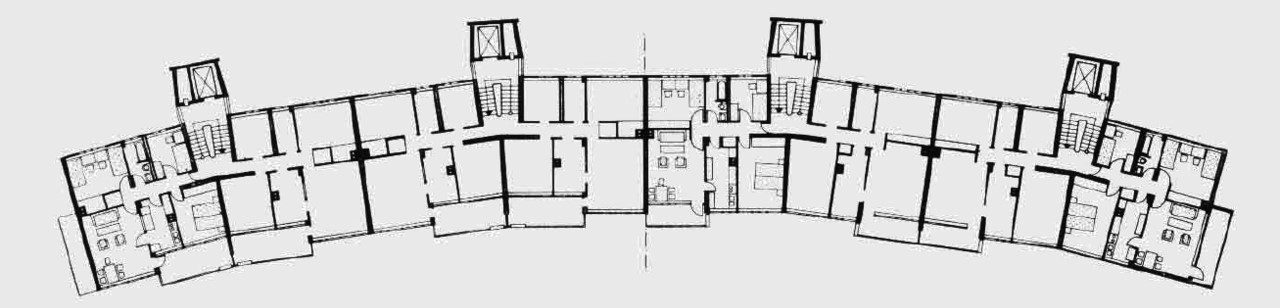 Edifício de Apartamentos ( 1957) - Projeto 7 em colaboraçaõ com Tac e Wils Ebert O edifício, uma armação de concreto armado, tem 9 pavimentos com 64 moradias em série.