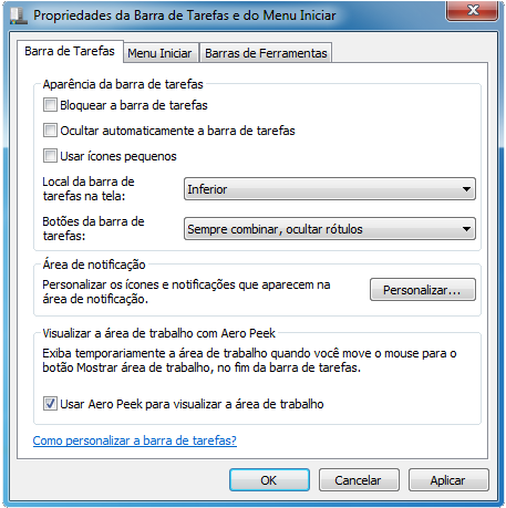 Introdução ao Windows Seven Para personalizar a Barra de Tarefas : 1. Dê um clique com o botão direito sobre a Barra de Tarefas. 2. Clique no comando Propriedades.