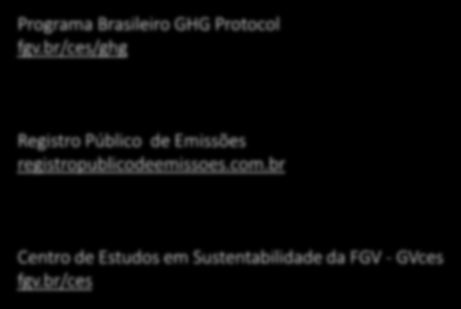 Contatos e websites Dúvidas sobre o método GHG Protocol, ferramentas e atividades do Programa: ghgprotocolbrasil@fgv.br Programa Brasileiro GHG Protocol fgv.