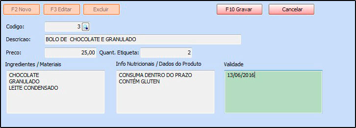 Clique em F10 Gravar para validar o procedimento e em seguida em Gerar para visualizar as etiquetas, antes de imprimi-las. Para adicionar mais produtos, repita este mesmo procedimento.