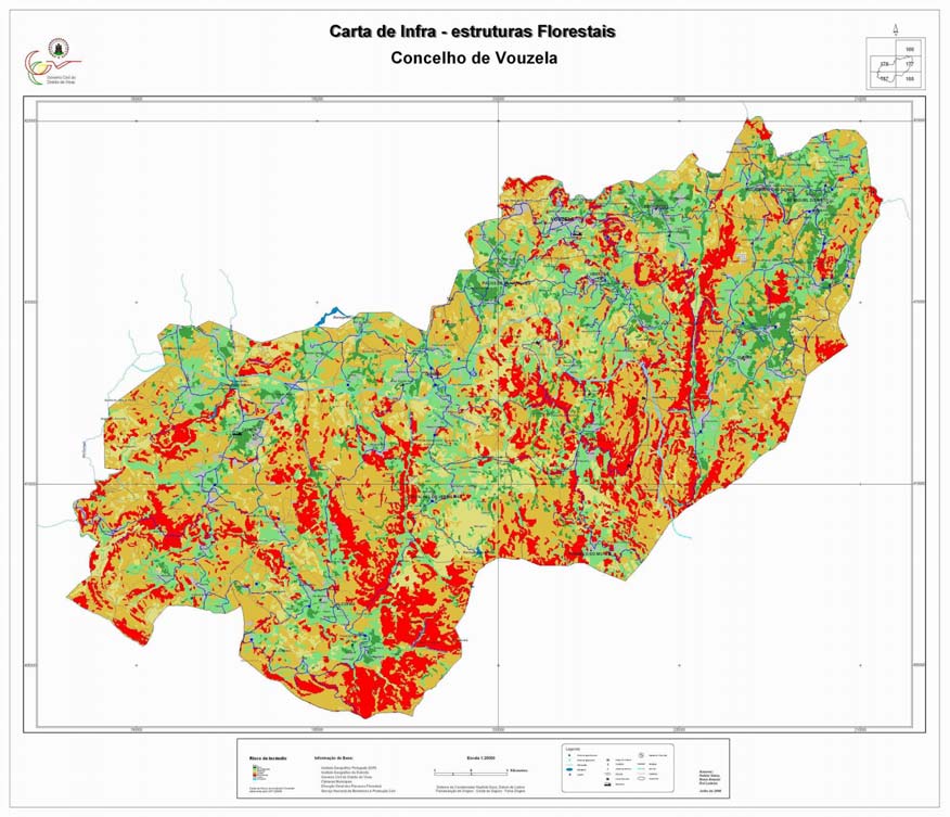 Figura 4 Carta de risco de incêndio florestal do concelho de Vouzela com sobreposição da rede de infraestruturas florestais B) - Pesquisas à base de dados e operações de análise espacial Através de