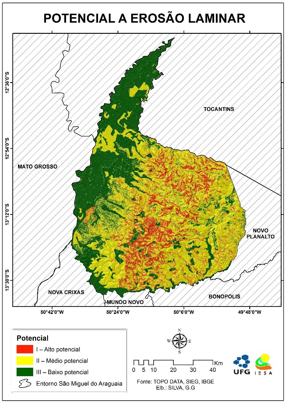Figura 4. potencial a erosão laminar do município de São Miguel do Araguaia GO. 4. Considerações Finais Após a análise das duas etapas realizadas, percebe-se que cada solo tem seu grau de erosão, podendo ter um alto ou baixo potencial erosivo.