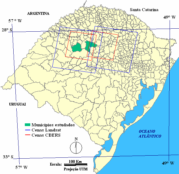 Figura 1. Localização da área de estudo no estado do Rio Grande do Sul e cobertura das cenas Landsat e CBERS utilizadas.