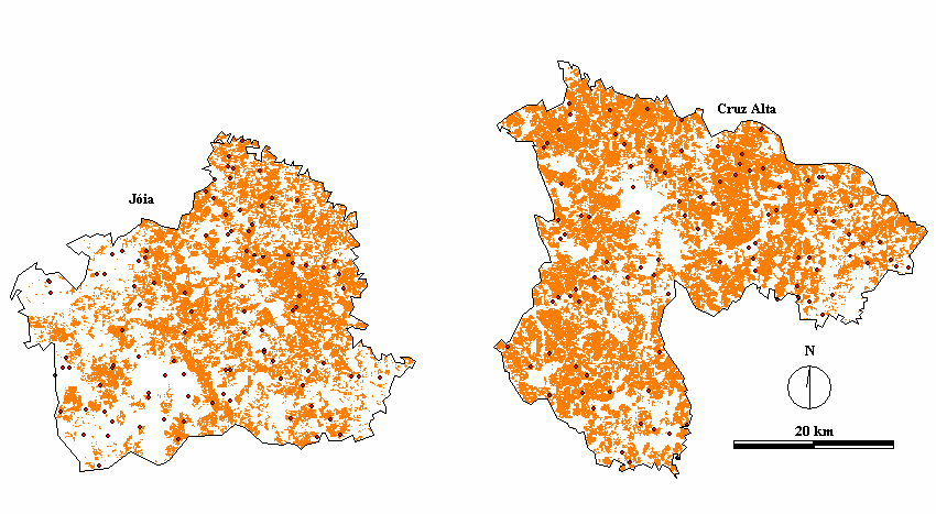 Figura 3. Resultado da classificação das áreas de soja com imagens CBERS, mostrando a localização dos pontos utilizados para verificação da acurácia da classificação. Tabela 1.