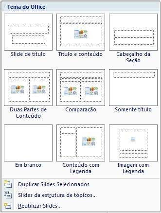 INSERIR NOVO SLIDE Para inserir um novo slide acionar a guia Início e clicar no botão. Depois clicar no layout desejado.