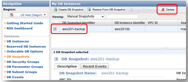 Delete os Snapshots de BD Na aba RDS, selecione o link DB Snapshots a sua esquerda. Selecione qualquer snapshot de BD que queira deletar e clique no botão Delete.