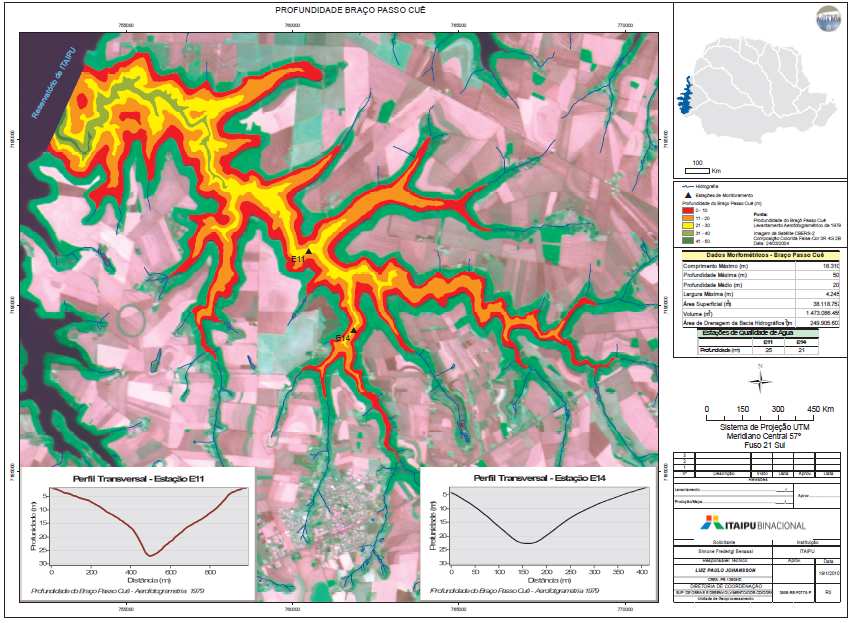 Figura 2: Localização das estações de monitoramento E11 e E14 no braço do rio Passo Cuê, reservatório de Itaipu FONTE: ITAIPU BINACIONAL, 2010 Os dados utilizados neste trabalho são referentes às